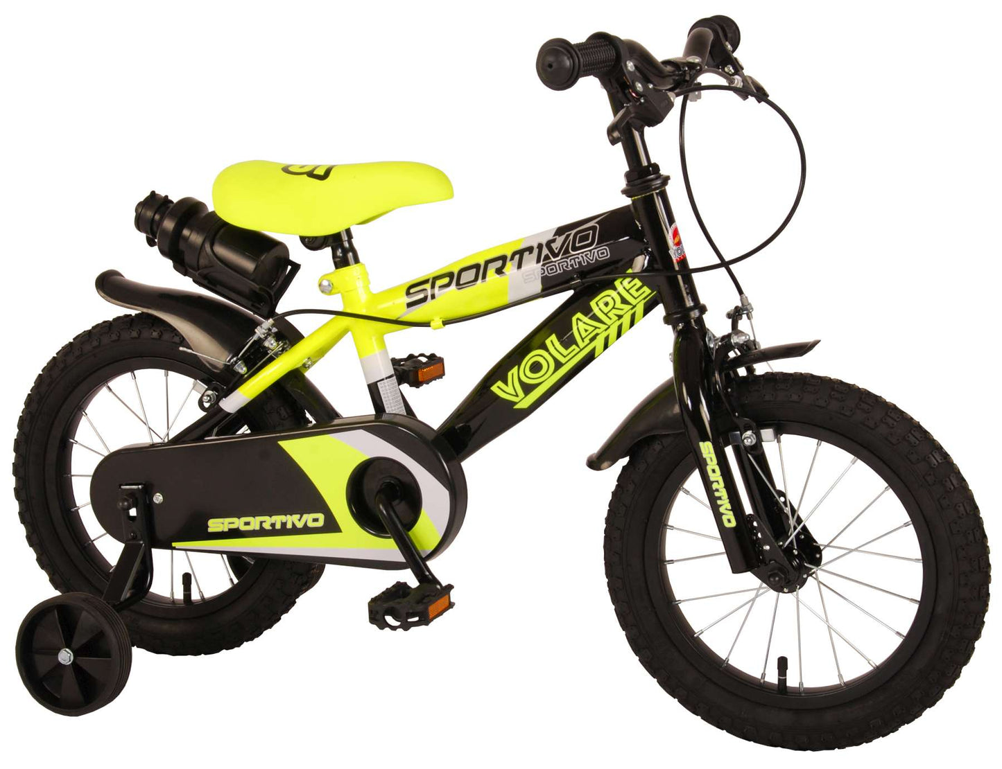 Volare Sportivo Kinderfiets - Jongens - 14 inch - Neon Geel Zwart - Twee Handremmen - 95% afgemonteerd