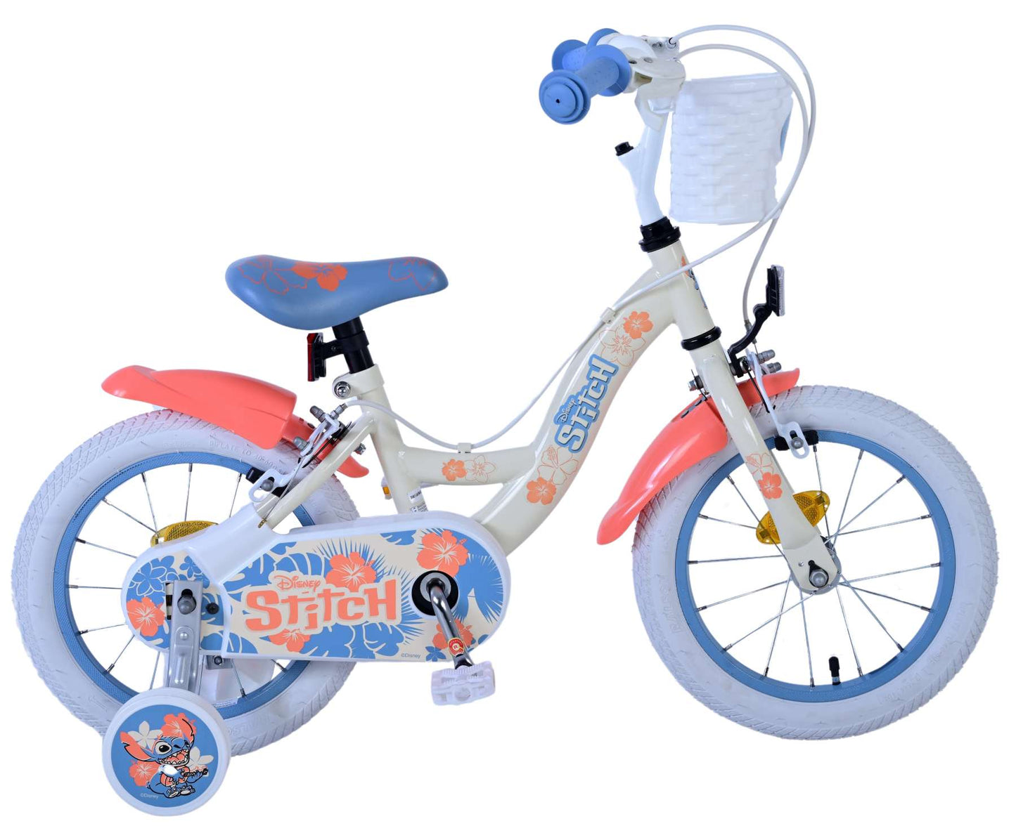 Disney Stitch Kinderfiets - Meisjes - 14 inch - Creme Koraal Blauw - Twee handremmen