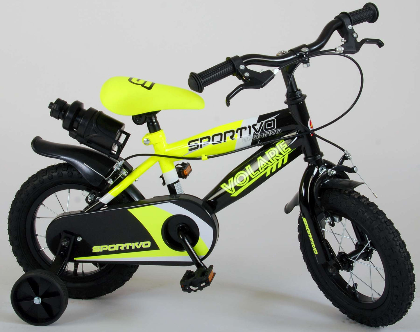 Volare Sportivo Kinderfiets - Jongens - 12 inch - Neon Geel Zwart - Twee Handremmen - 95% afgemonteerd